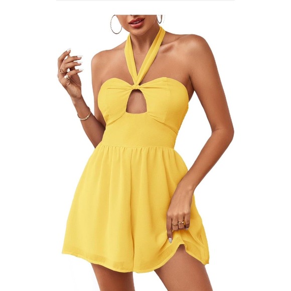 LYANER Women's Halter Neck‎ Cutout Backless Sleeveless Romper M Yellow - Picture 1 of 8